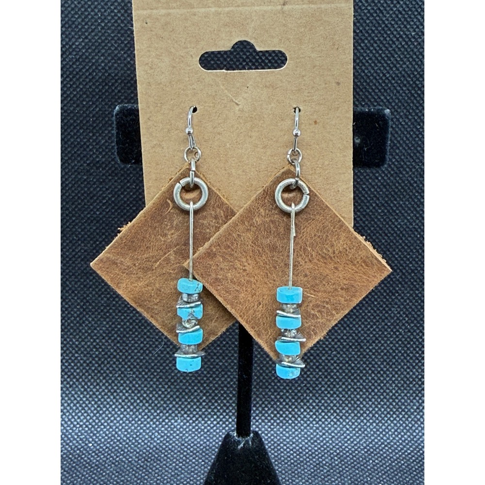 Tiffiny Pool Handmade Leather & Turquoise Heishi Bead Drop Earrings Western Boho